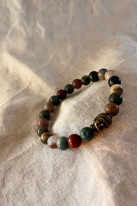 Moss Agate & Brass Buddha bracelet