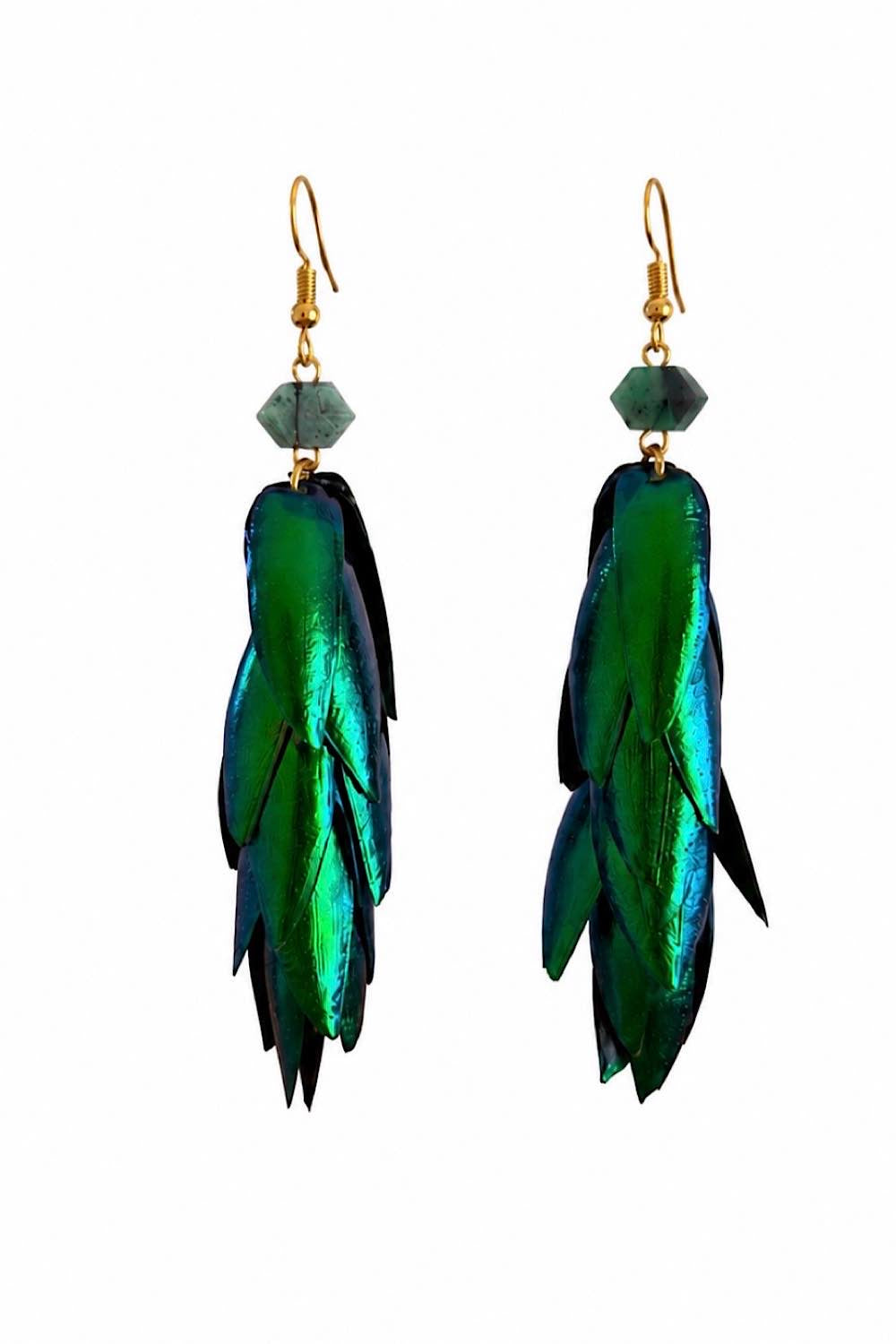 Emerald Elytra Beetle Wing Earrings
